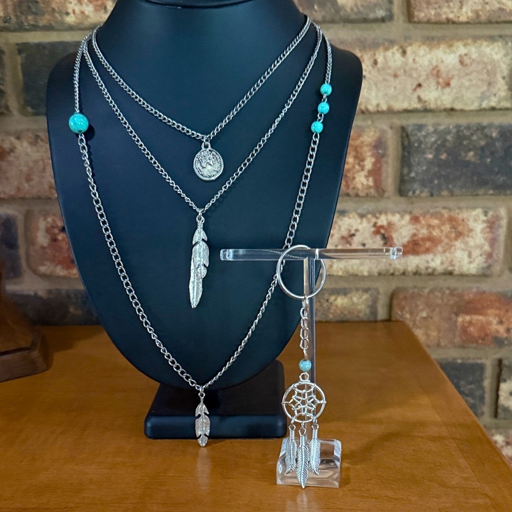Silver-tone layered 3 strand feather, coin and dream Catcher necklace & keychain
